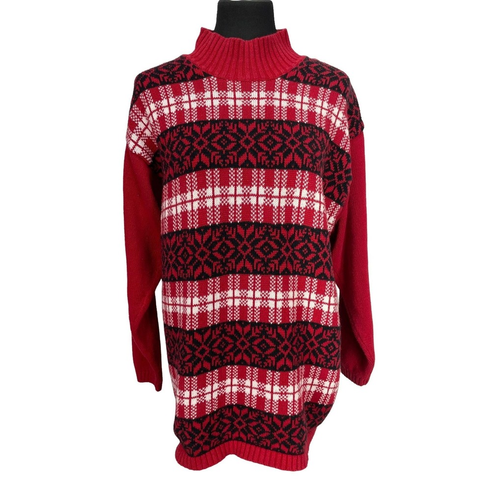 Liz Claiborne Womens Red Black White Nordic Fair Isle Sweater Size L
